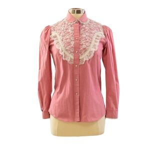 80s Rockmount Ranch Wear "Crystal Palace" Pink Lace Western Pearl Snap Top M 10